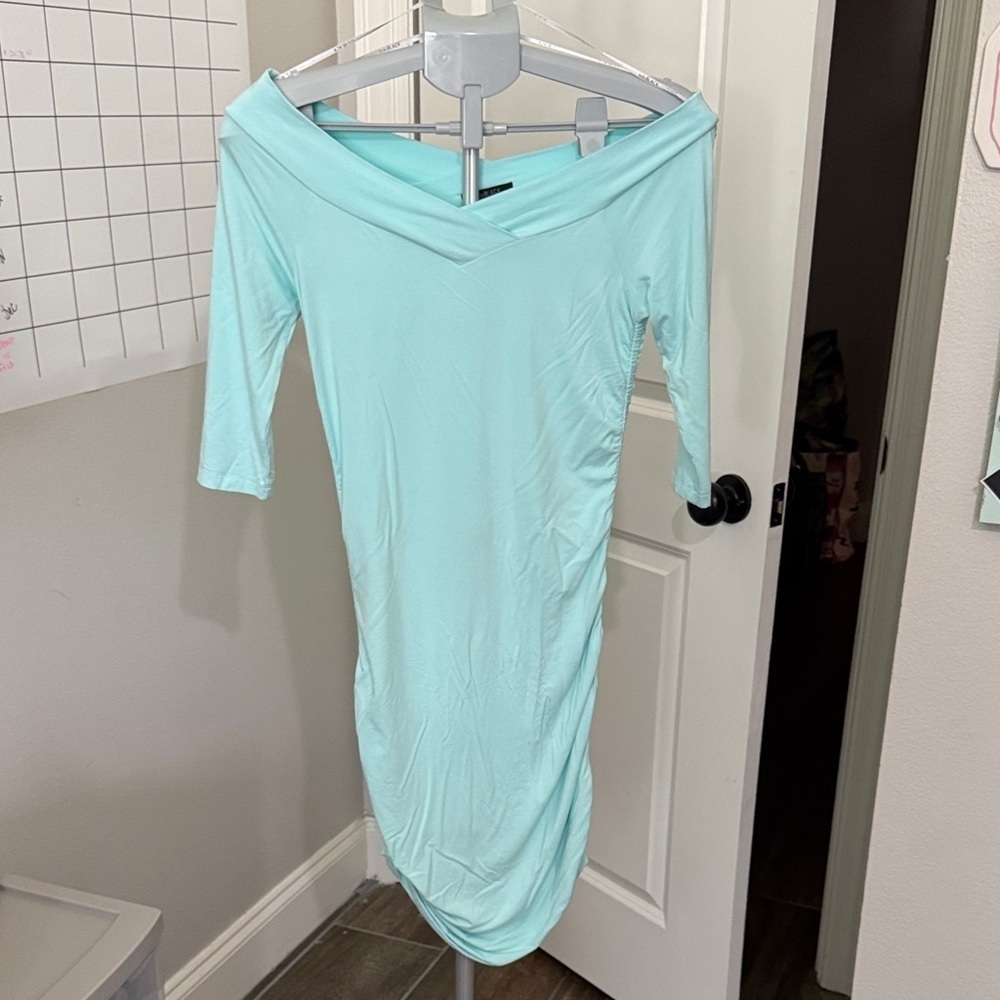 Elegant Aqua Off-Shoulder Long Sleeve Dress